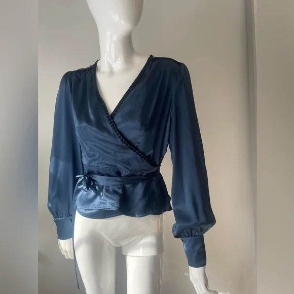 SANDRA ANGELOZZI Silk Wrap Blouse — Navy Silk Satin Wrap Top Large 42 - Picture 4 of 9